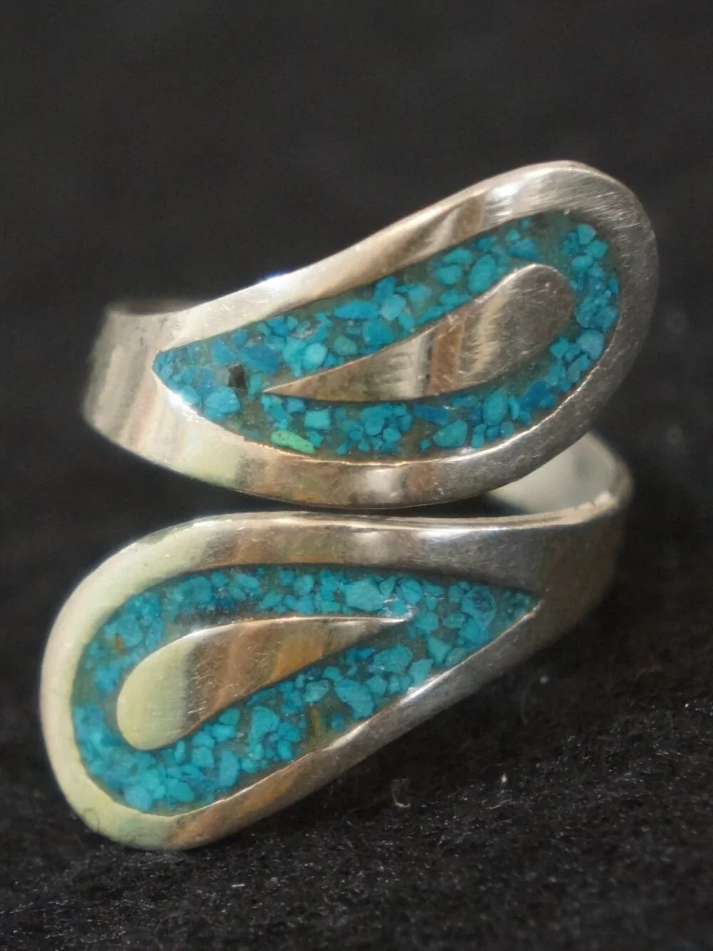 Vintage Mexican Sterling Silver Turquoise Inlay Bypass Ring Size 9.5